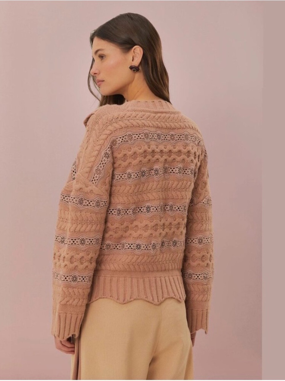 FARM Rio Dusty Rose Ruffle Cable-Knit Sweater - Picture 3 of 5